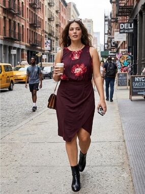 NY & Co Y2K Burgundy Asymmetrical Floral Midi Dress with Red Accents